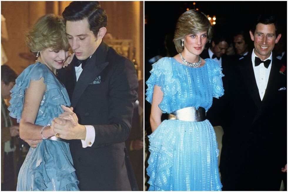 戴妃身上穿Bruce Oldfield禮服和查理斯王子在晚宴中跳舞，這一畫面也被《王冠》神