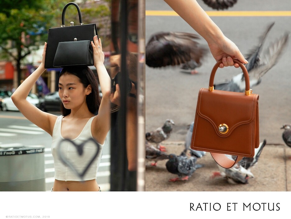 左邊模特兒捧在頭上的是「Twin Frame」，右邊是另一熱賣的「Lady Bag」。
