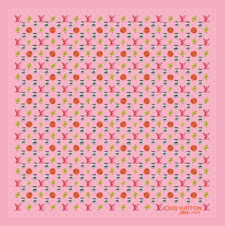 就如這條粉紅色披巾，除有見將LV Monogram圖案融入設計外，還加入了藝術家Jonas