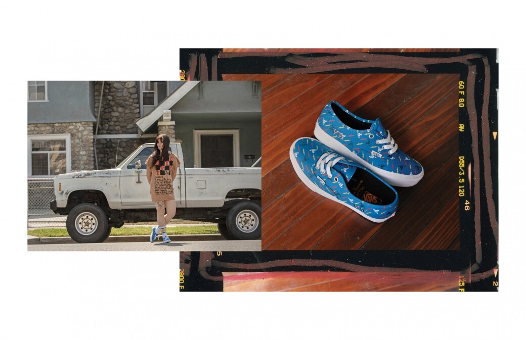 彩藍色作主調的Authentic鞋款，鞋身的圖案是Vivienne Westwood的Orb，以及閃電monogram設計的結合
