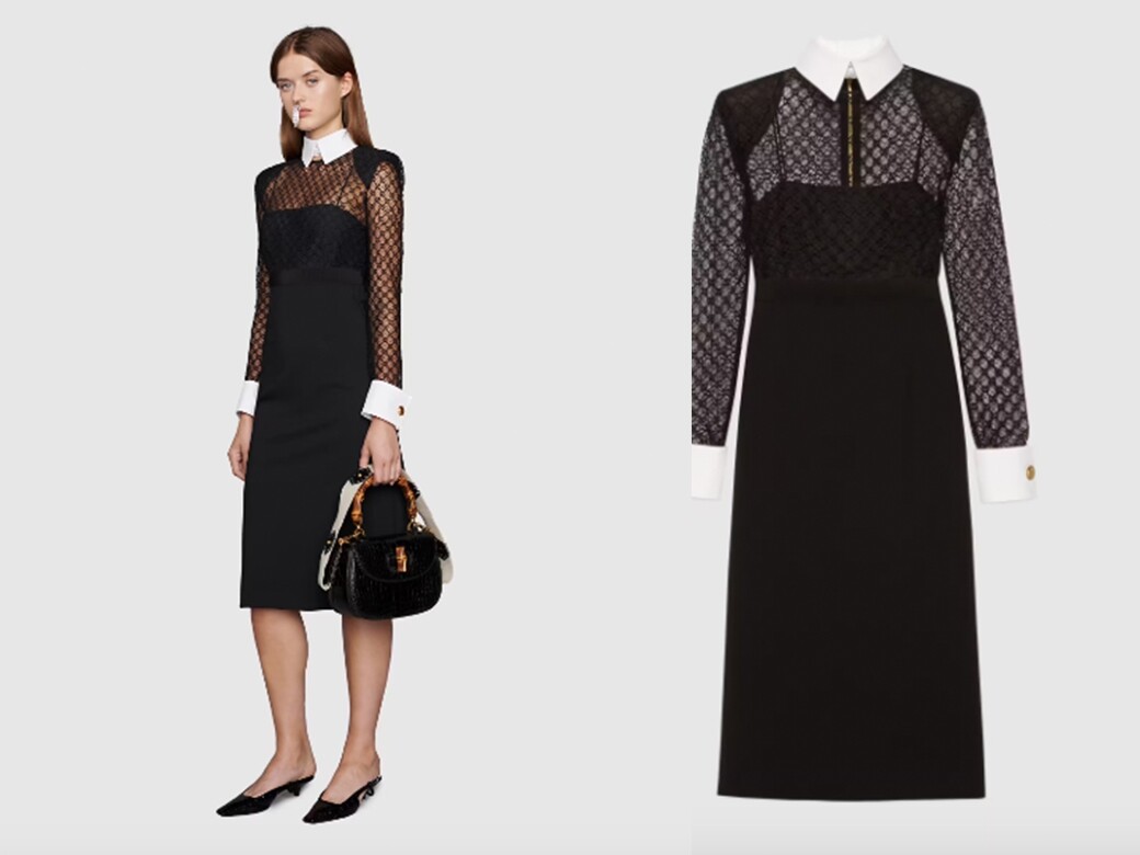 Gucci的黑色裙則是走優雅大方的風格；採用人造絲和GG刺繡薄紗製成，上衣