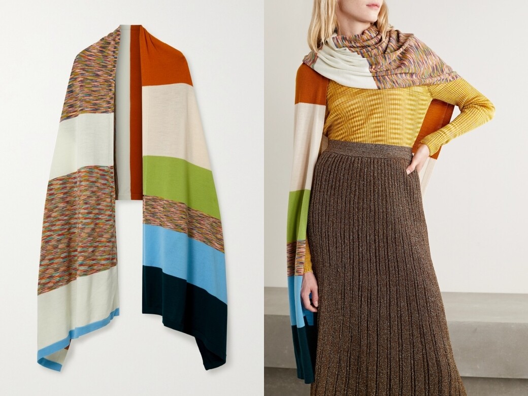 Missoni這條色彩鮮豔的間條圍巾，因為過大的闊度更可當作為披肩使用，設計