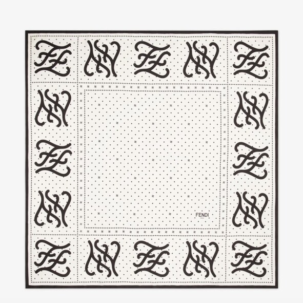 黑白色的波點絲巾，四邊印上FF Karligraphy logo，低調優雅，用作頭巾可顯出復古氣質