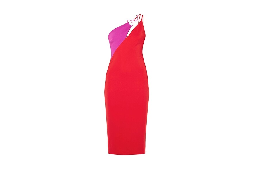 Cushnie US$1077 HKD~8406.51拼色不對稱連身裙紅和粉紅色總是對形影不離的朋友吧？