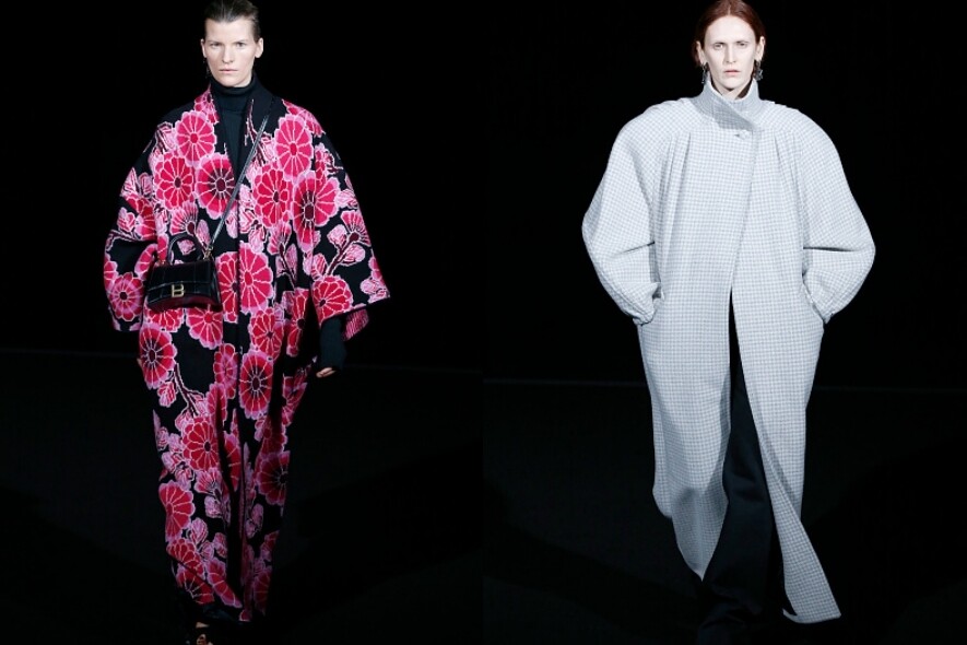 Oversize大衣運用了日本kimono式元素和圖案，或品牌經典cocoon形衣袖。