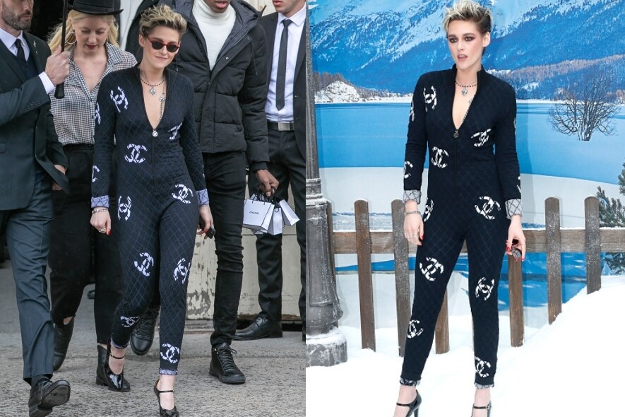 Kristen Stewart以格紋和CC logo的連身褲出現睇騷，展現一貫的帥氣。