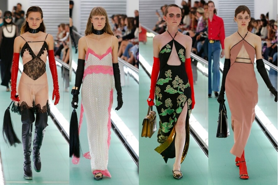 性感登場女裝包括多款slip dress和掛頸長裙，配以高衩、低胸、透視設計，呈現Gucci