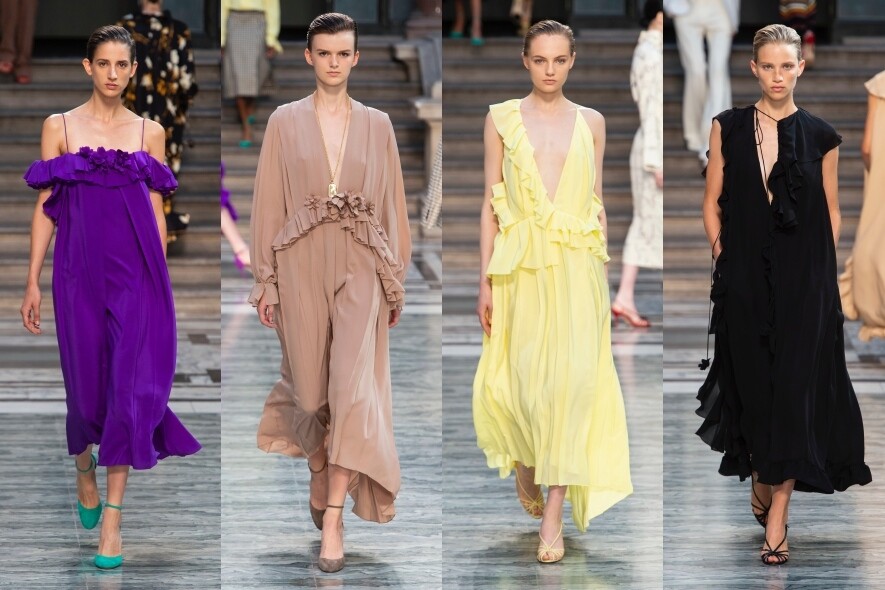 飄逸浪漫Victoria Beckham 2020春夏系列包括不少綴以ruffles細節的鬆身裙裝，展現easy chic風