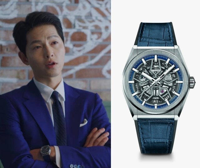 以價值$54,700的Zenith DEFY經典鈦金屬鏤空腕錶配搭藍色西裝套裝，藍色鏤空錶