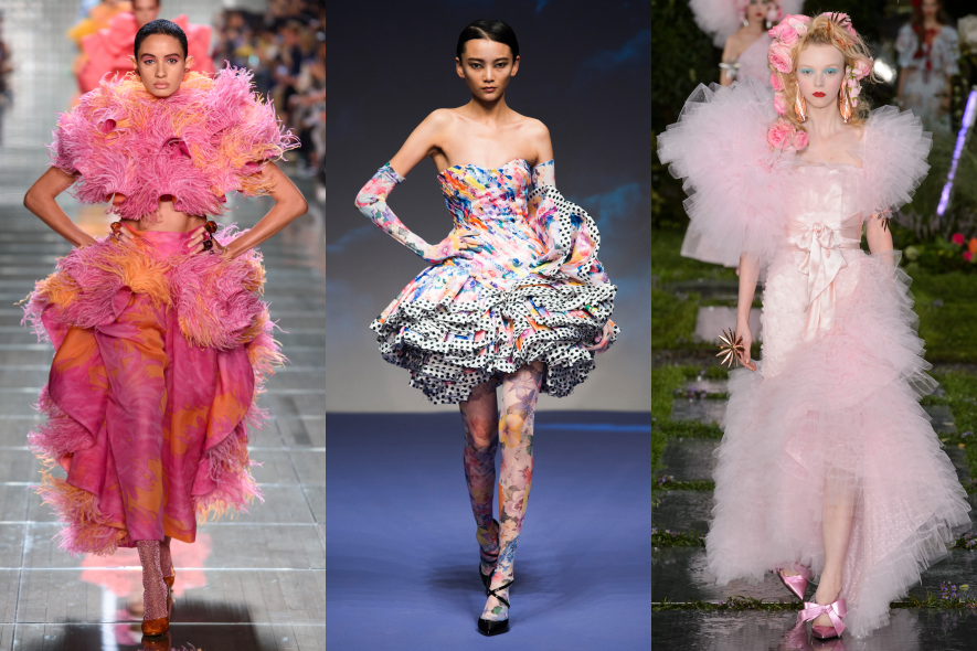 Marc Jacobs則重工地用上大量羽毛設計；新進英倫設計師Richard Quinn的印花與大裙襬設計