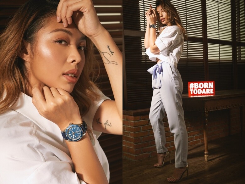 一身蜜糖肌膚的星二代王曼喜Kayla Wong戴上Tudor Black Bay Fifty-Eight海軍藍手錶，顯得型