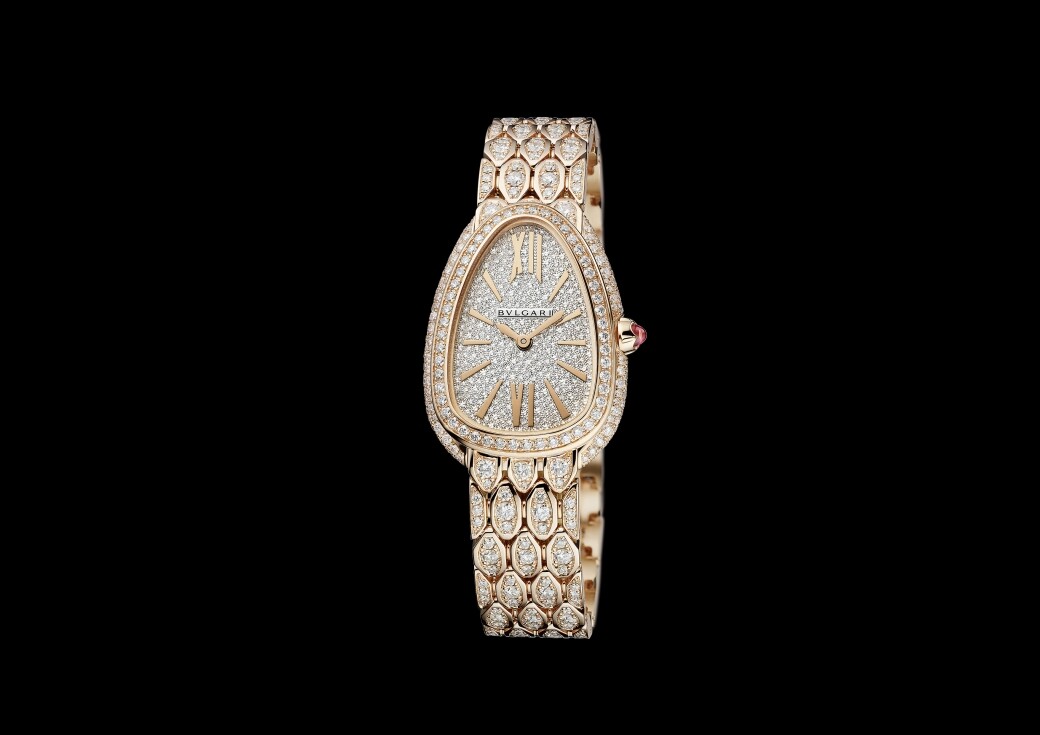 SERPENTI SEDUTTORI 玫瑰金全鋪鑲鑽石腕錶18K玫瑰金錶殼，錶圈鑲嵌50顆圓形明亮式