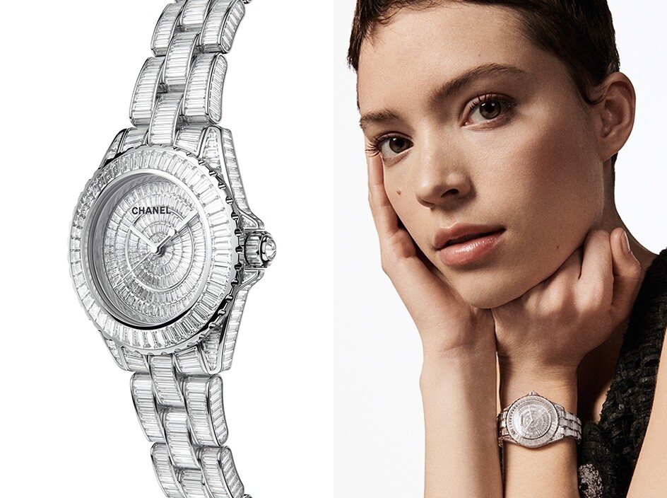 另一款J12 Baguette Diamond Star手錶令人驚嘆之處就是鑲滿如刺繡般精緻的鑽石，共