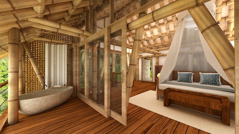度假村共有35間房，以竹子、漂浮木及再生銅等當地建材建築，取自當地天