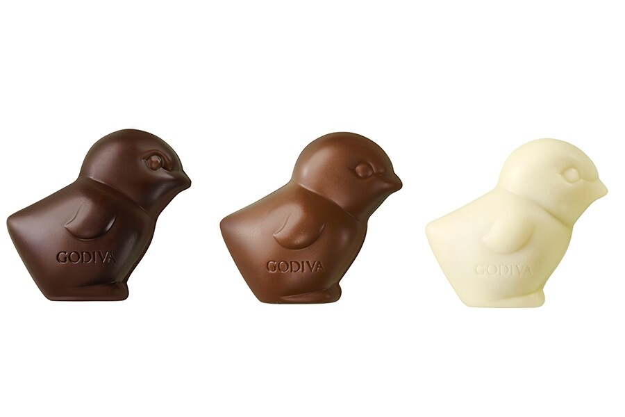 GODIVA全新創作的復活節專屬小雞朱古力，包括橘子味牛奶巧克力、檸檬味黑