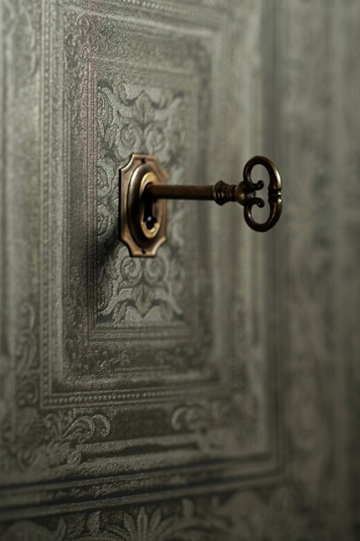 牆上的鑰匙孔、若隱若現的鑰匙裝飾、 獅子頭雕刻木柱、莊嚴的古董木書桌