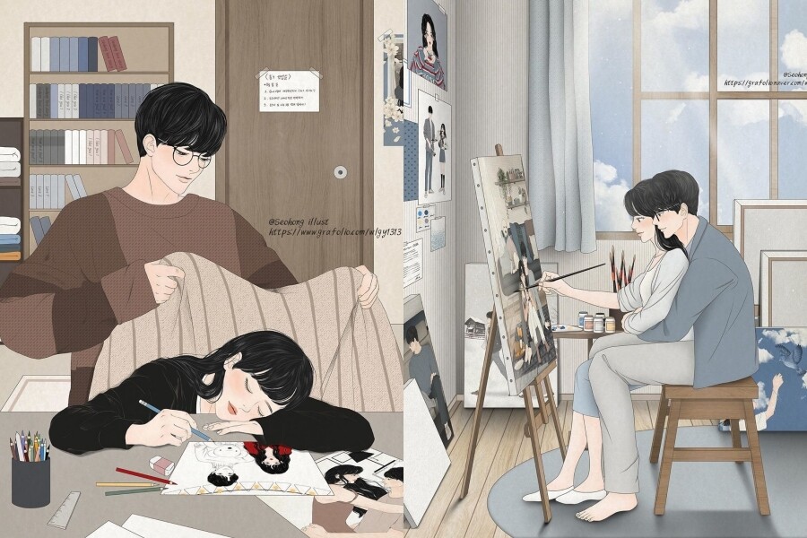 Seohong Kim(@seohong_illust) 情侶插畫 情侶日常 couple illustration illustrator IG