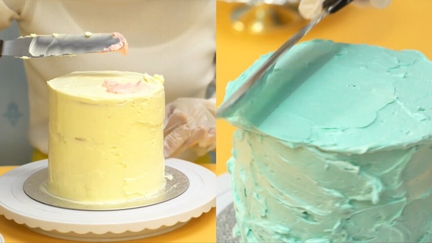 用抹刀把海綿蛋糕塗滿Buttercream。