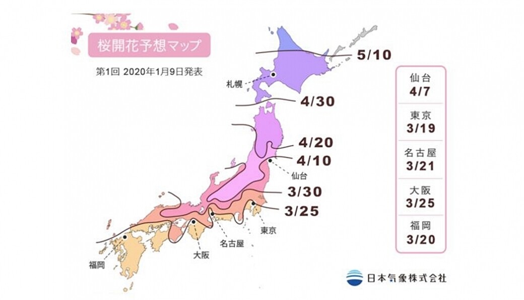 日本氣象株式會社於1月9日公布了2020年櫻花花開予想第一回