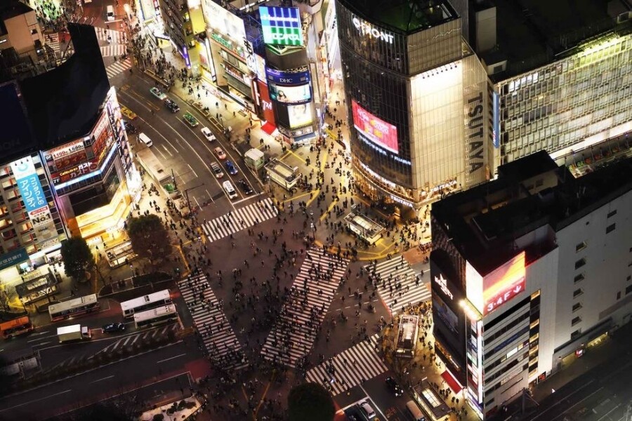 知名的澀谷繁忙街景，在腳下綿密穿梭的進行著。