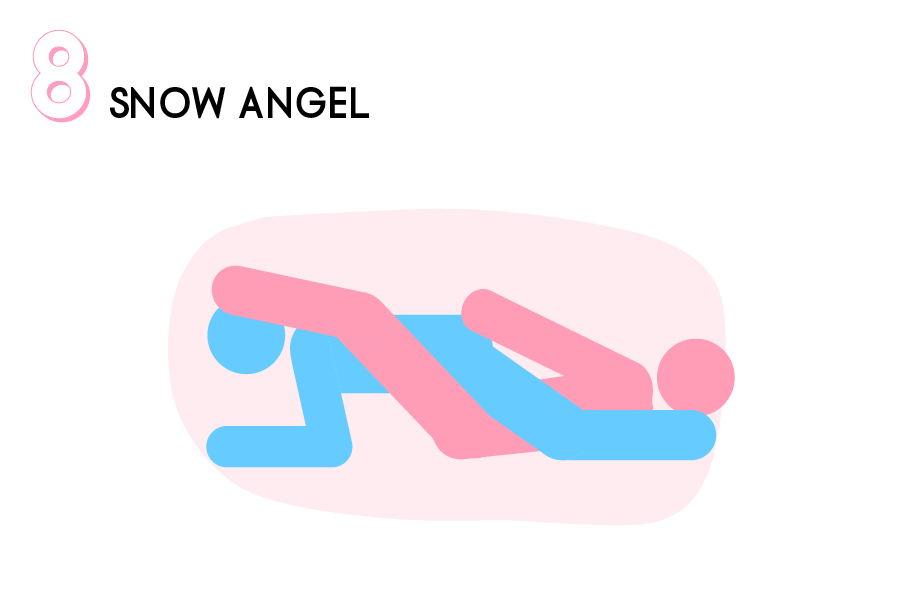性愛體位8：Snow Angel女方伸開雙腿正面躺卧在上，而你的伴侶則在你的腳趾