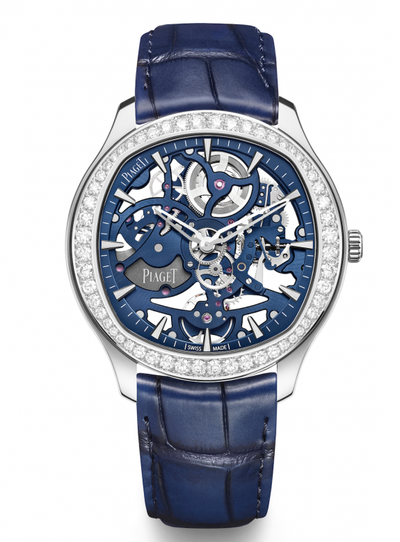 Piaget Polo 42mm鑽石18K白金鏤空腕錶個性又別具匠心的藍色鏤空設計，配以