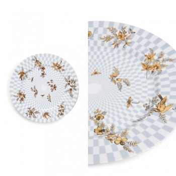 COROMANDEL拼色格紋花卉圖案瓷盤（30CM）