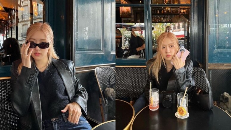 Rosé 巴黎旅行私服穿搭：黑皮衣+牛仔褲
