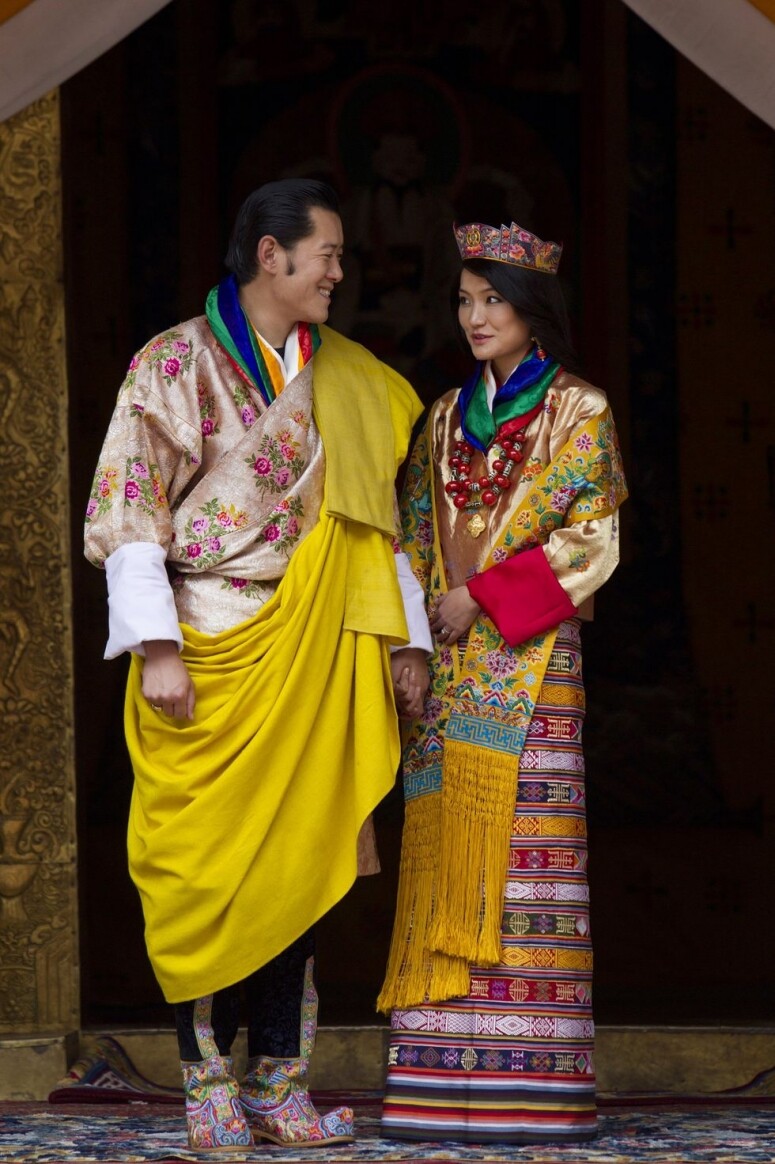 不丹王后Queen Jetsun Pema在她與不丹國王盛大婚禮中的其中一天，穿上色彩繽紗