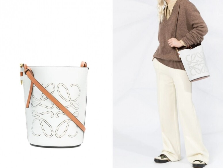 容量大又夠實用的水桶袋是不少女士的everyday bag，Loewe這款白色皮革通花Logo水