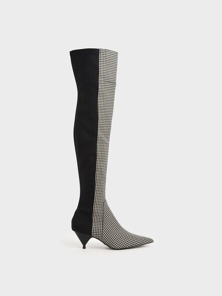 Charles & Keith千鳥格狀拼黑色過膝長靴 $879