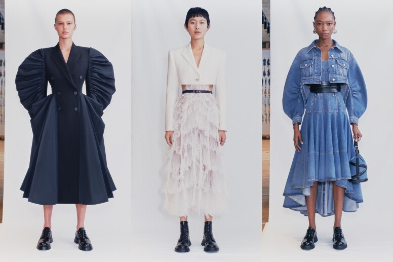 Alexander McQueen SS21系列着力刻畫衣服的基本精髓——線條、廓形與重量感，造型以西服