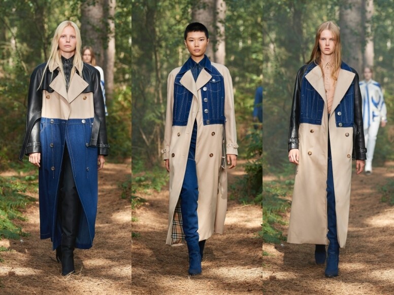 今場騷以Burberry的招牌Trench coat打開序幕，設計師以牛仔布和黑色皮革，為外衣注