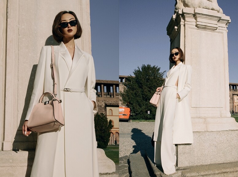 在Fendi 2022秋冬系列發佈當天，Chriselle Lim穿上材質採用羊毛和絲綢的服裝，質感柔