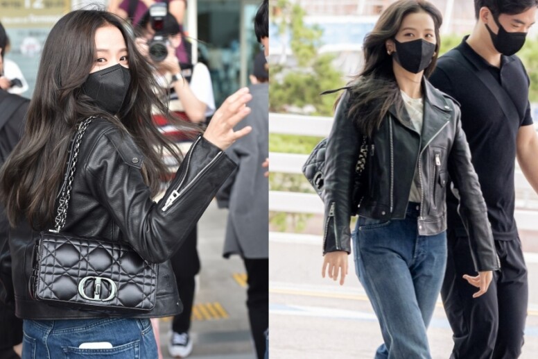 全身都來自Dior，Jisoo以經典黑色biker皮褸配白T恤和頗為寬鬆的Mom's jeans，腳踏
