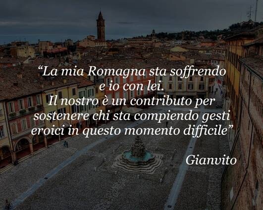 Gianvito說：「我的羅馬涅正在受苦中，但我必與她常在。希望我們的捐款能支持在
