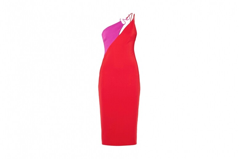 Cushnie US$1077 HKD~8406.51拼色不對稱連身裙紅和粉紅色總是對形影不離的朋友吧？