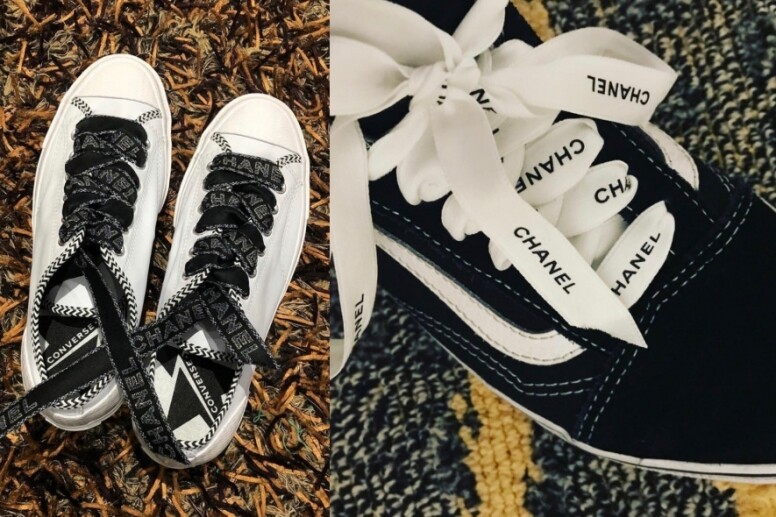 名牌絲帶可以與Vans與Converse波鞋來個hi-lo混搭，以logo絲帶作鞋帶，為素色的平
