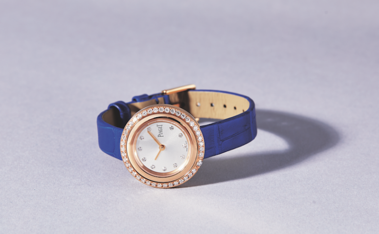 3.鑽石18K玫瑰金石英機芯鱷魚皮帶腕錶（$103,000 Piaget）