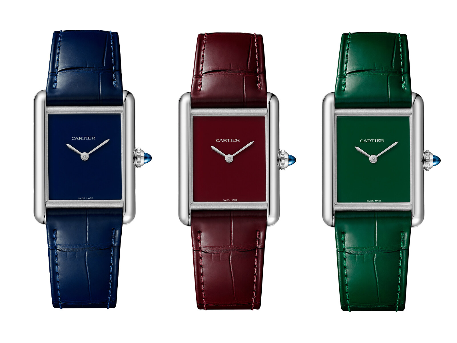 Tank Must系列腕錶特別採用三種象徵卡地亞風格精髓的色調——紅、藍、綠，作為三