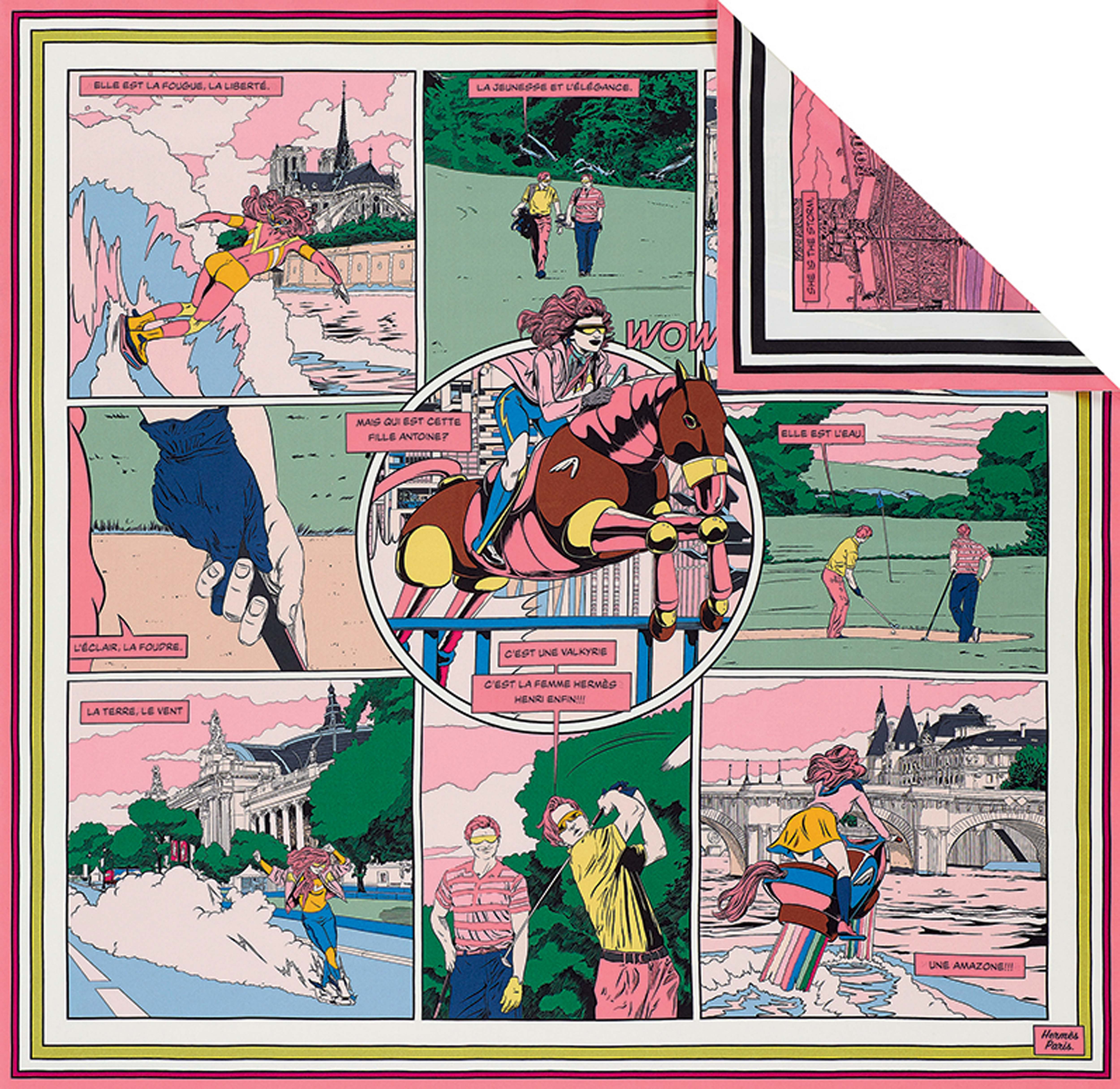 這組由法國插畫家Ugo Bienvenu創作的幽默漫畫，讓置身任何處境都熱情無畏的Hermès女郎化身成矚目焦點。漫畫在雙面絲巾上以兩種手法呈現，其中一面印上彩色的法語版本，另一面則以單色印上英語版本。