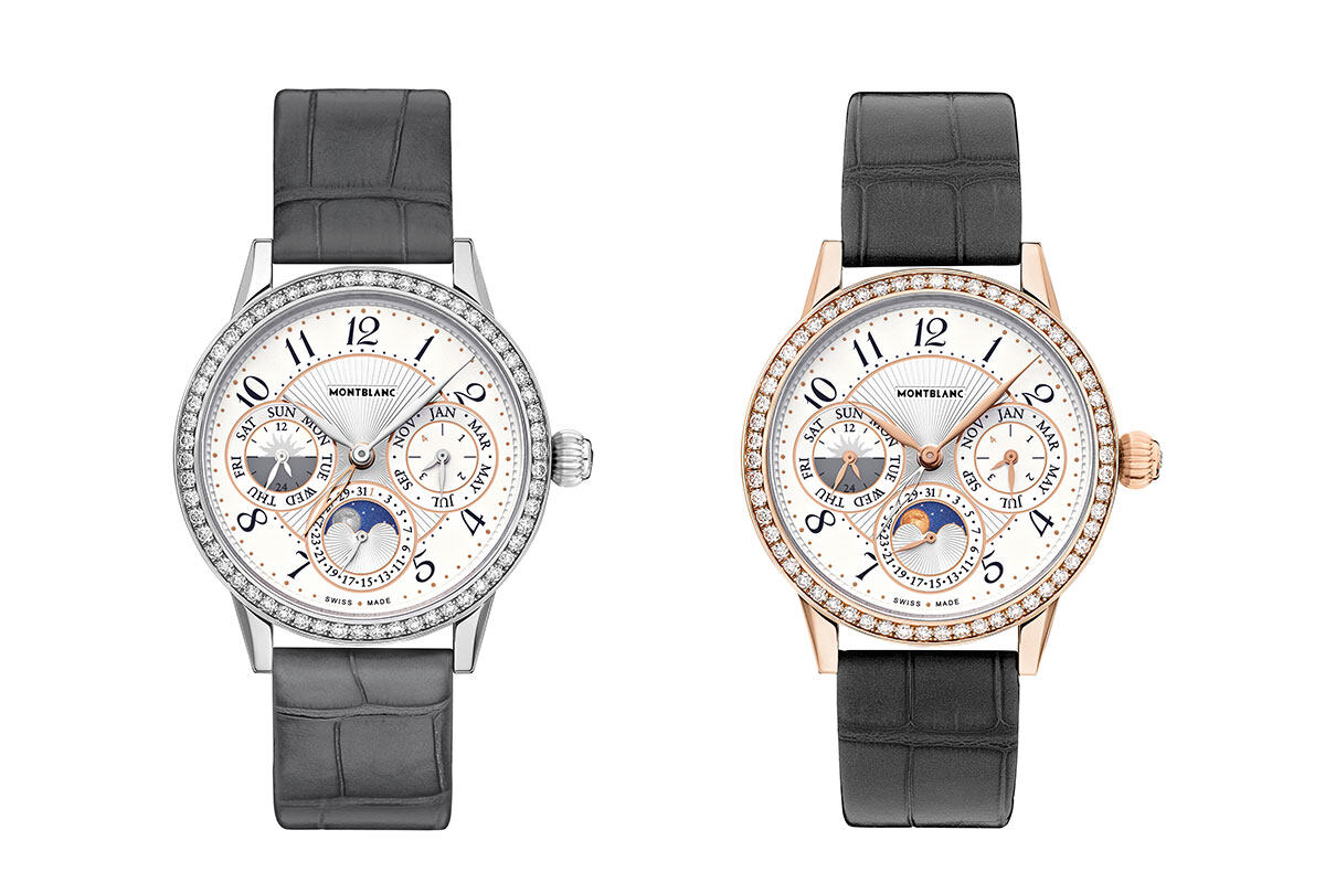 全新Bohème系列自製機芯萬年曆腕錶採用38mm錶殼，鑲嵌58顆鑽石，提供精