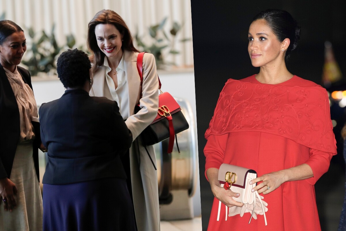 公爵夫人梅根Meghan Markle 就選擇將小尺寸的VRING 包手拿，一樣優雅；而Angelina Jolie 出訪時