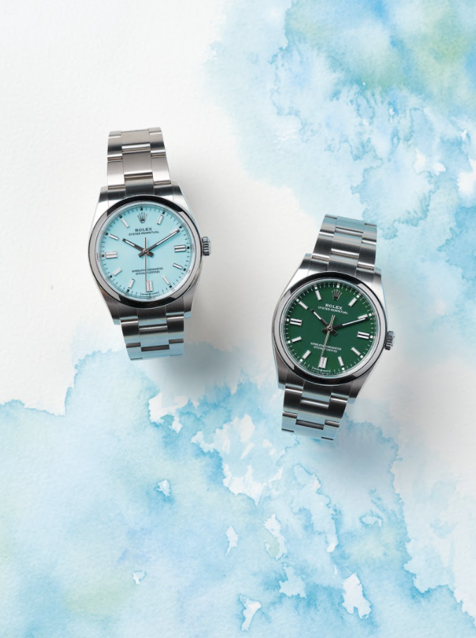 左至右: Oyster Perpetual 36 腕錶，蠔式鋼，綠松石藍色錶面 Oyster Perpetual 36 腕錶，蠔式鋼，綠色錶面