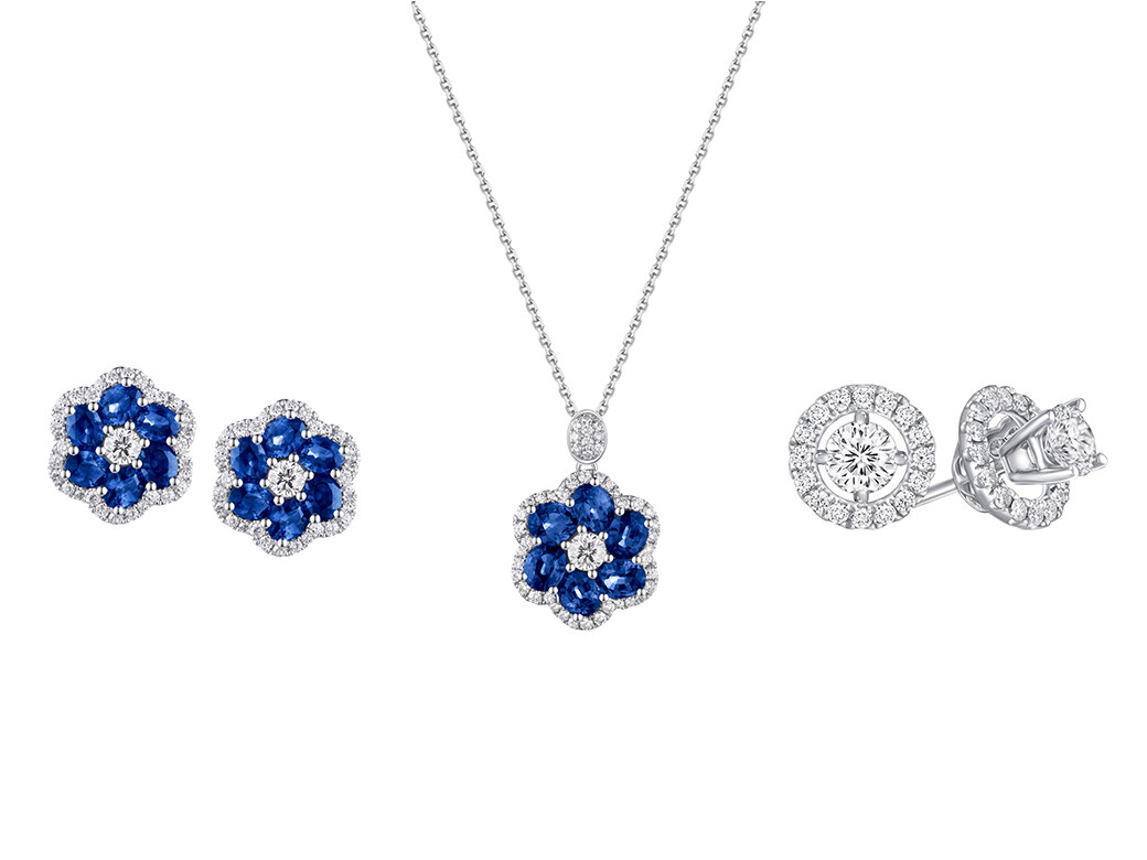 左起：18K白色黃金及藍寶石彼愛麗鑽石耳環 $25,600、18K白色黃金及藍寶