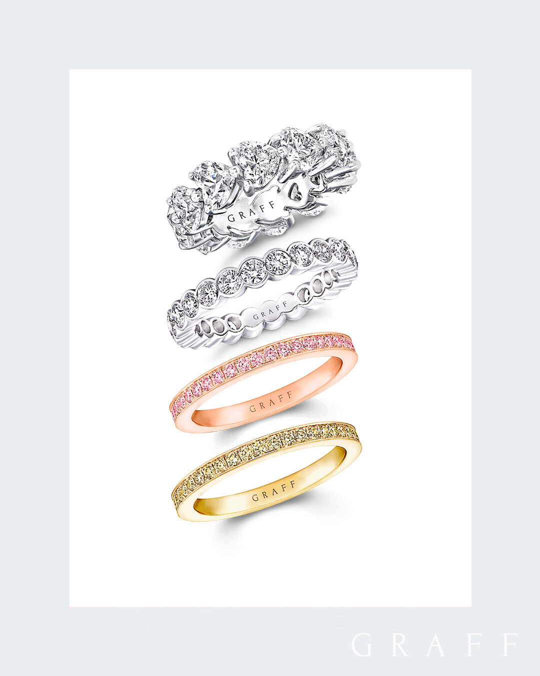 Eternity Ring另備有密鑲的圓形戒指，鑲嵌粉紅鑽/ 黃鑽 /白鑽款式，實在令人愛不釋