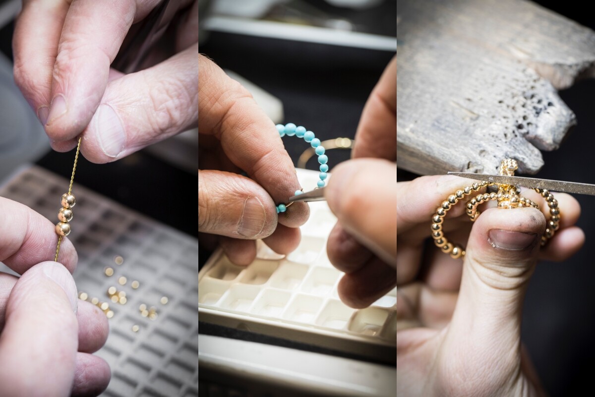每顆金珠均以手工一顆一顆製作， 並且遵循最嚴謹的寶石準則，每件作品